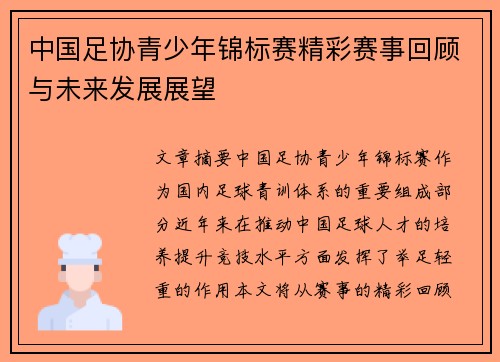 中国足协青少年锦标赛精彩赛事回顾与未来发展展望